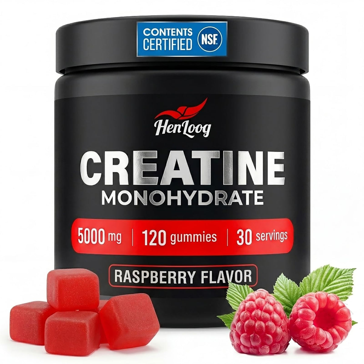 Bouteille de gummies de créatine monohydrate Hen Loog, 120 unités