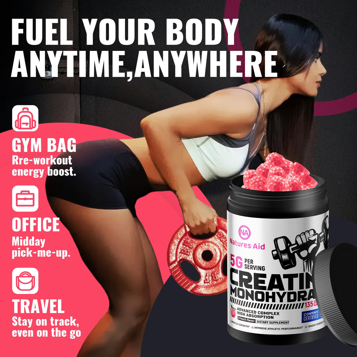 Bouteille de gummies de créatine monohydrate Natures Aid ouverte