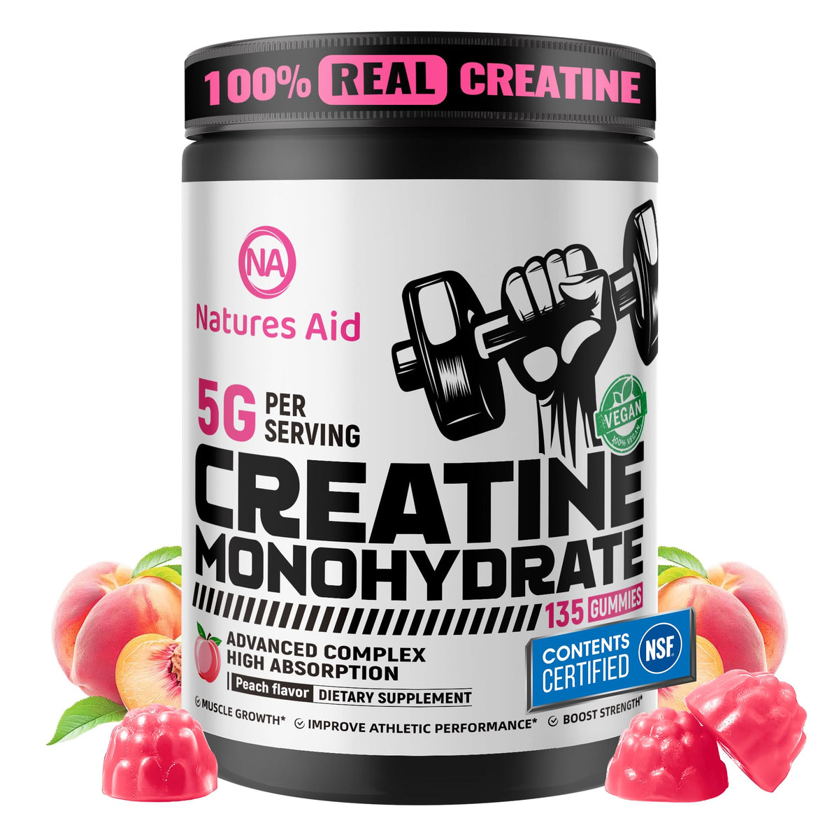 Bouteille de gummies de créatine monohydrate Natures Aid vue de face
