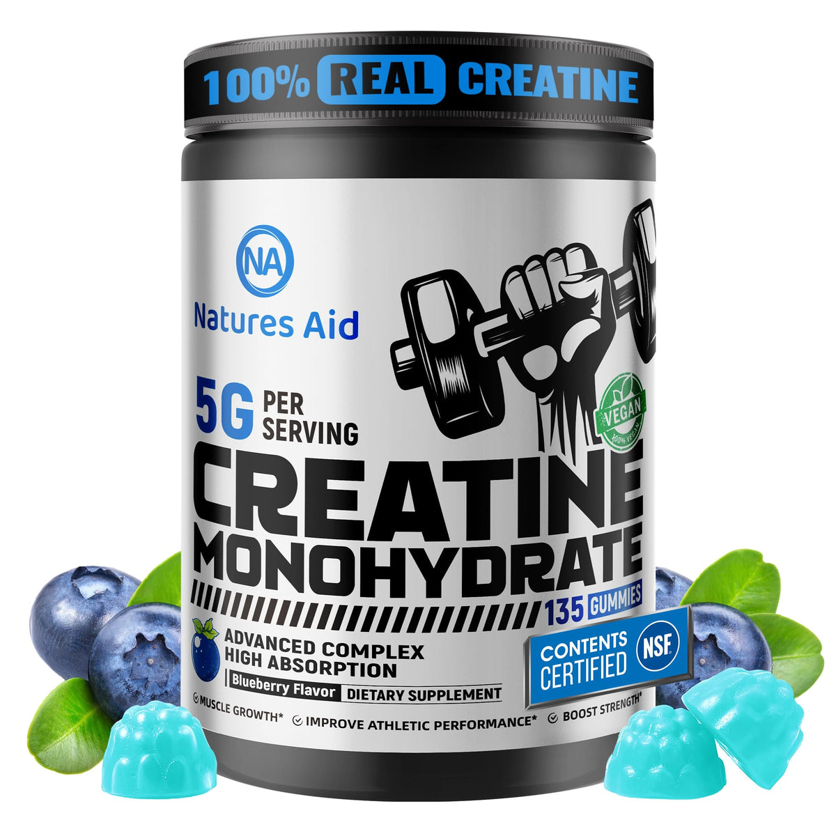 Bouteille de gummies de créatine monohydrate Natures Aid vue de face