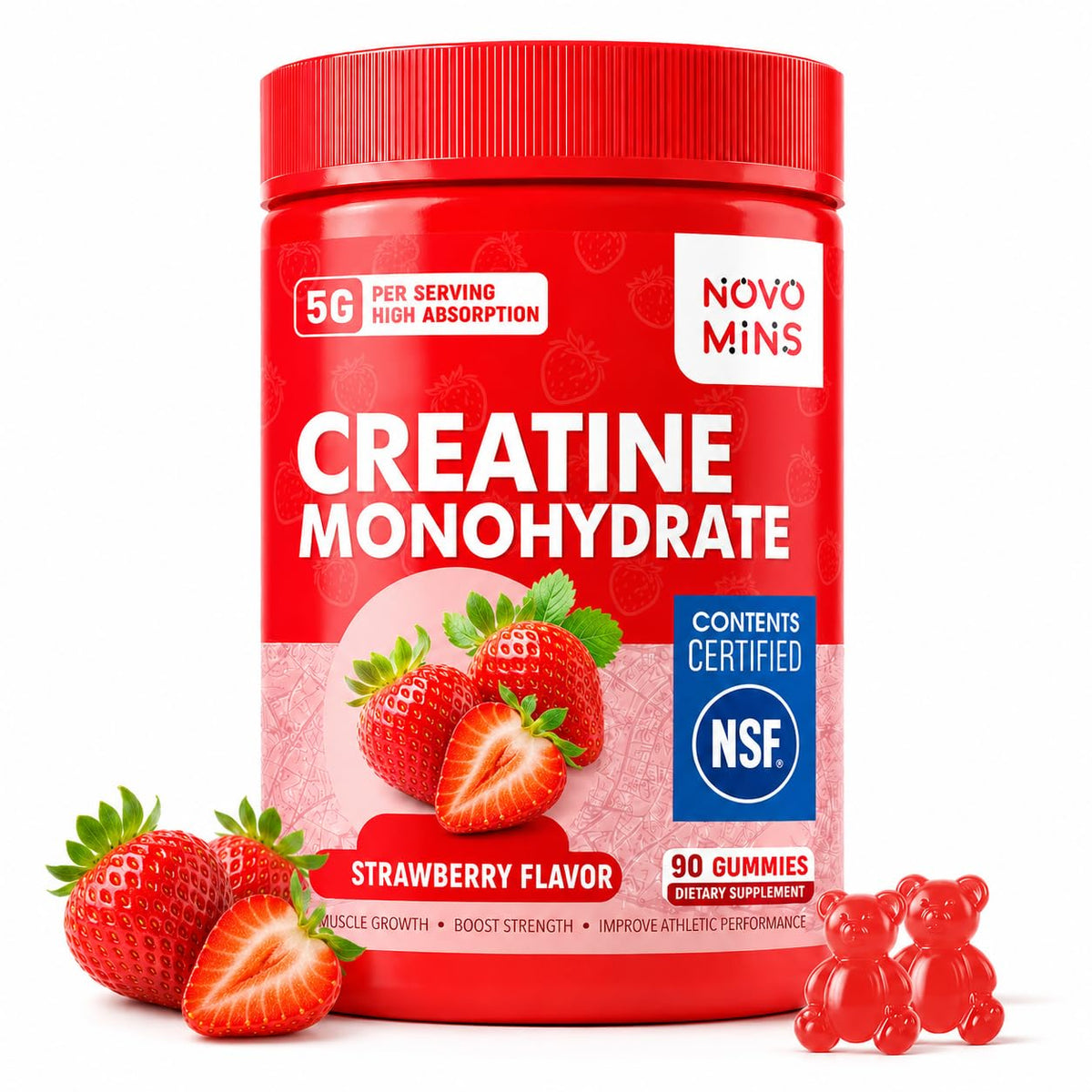 Bouteille de gummies de créatine monohydrate Novomins, 90 gummies, goût fraise