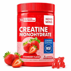 Bouteille de gummies de créatine monohydrate Novomins, 90 gummies, goût fraise