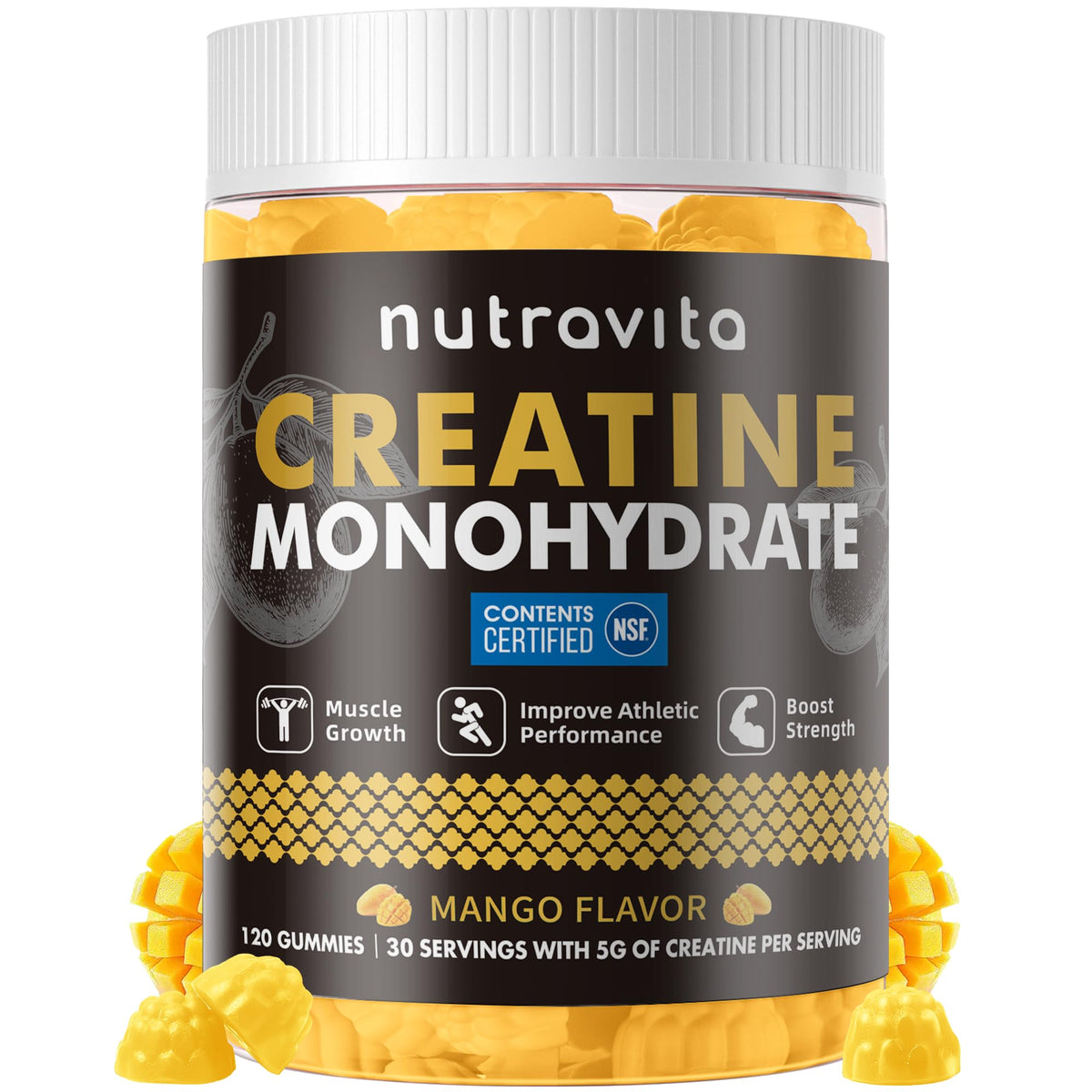 Bouteille de gummies de créatine monohydrate Nutravita, 120 unités, vue de face.