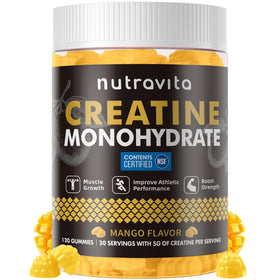Bouteille de gummies de créatine monohydrate Nutravita, 120 unités, vue de face.