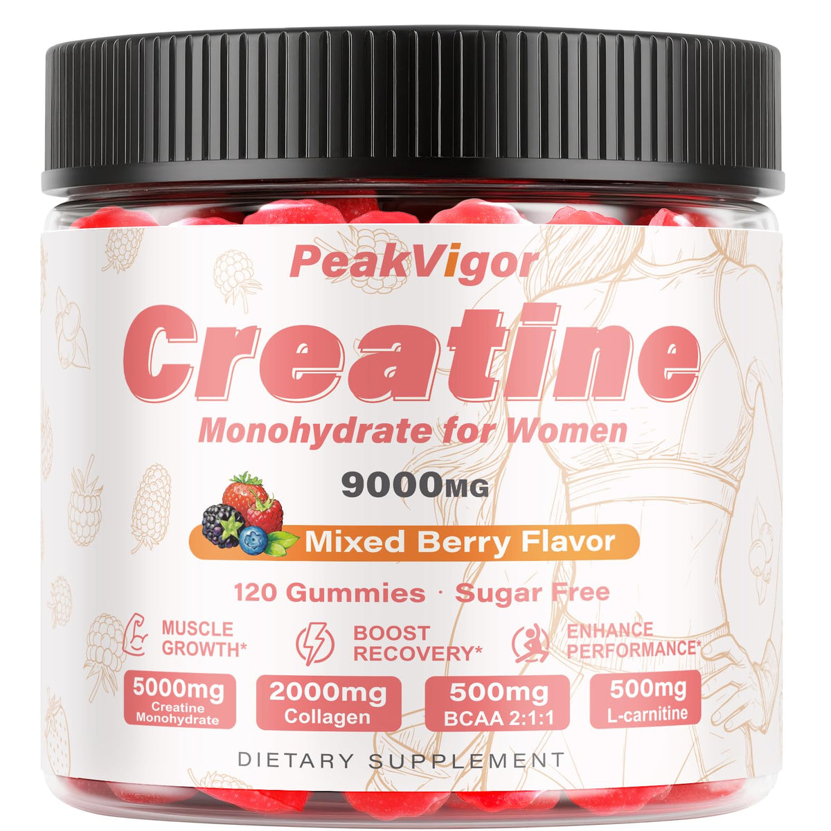 Bouteille de gummies de créatine monohydrate PeakVigor Organics 120 unités vue de face