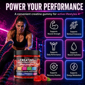 Bouteille de gummies de créatine monohydrate sudrolove ouverte avec des gummies visibles