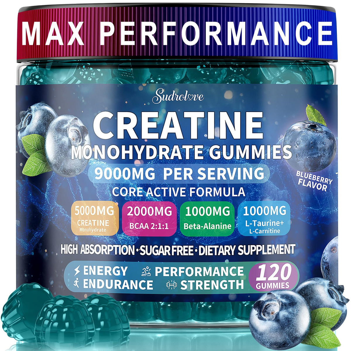 Bouteille de gummies de créatine monohydrate sudrolove vue de face