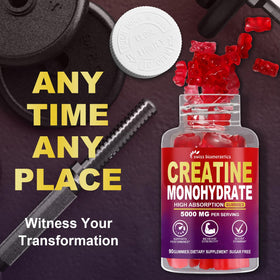 Bouteille de gummies de créatine monohydrate sur un fond blanc