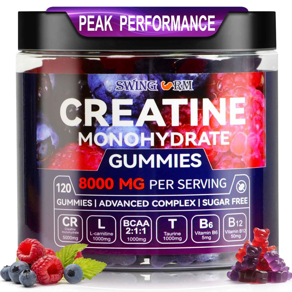 Bouteille de gummies de créatine monohydrate Swing Arm 8000 mg vue de face