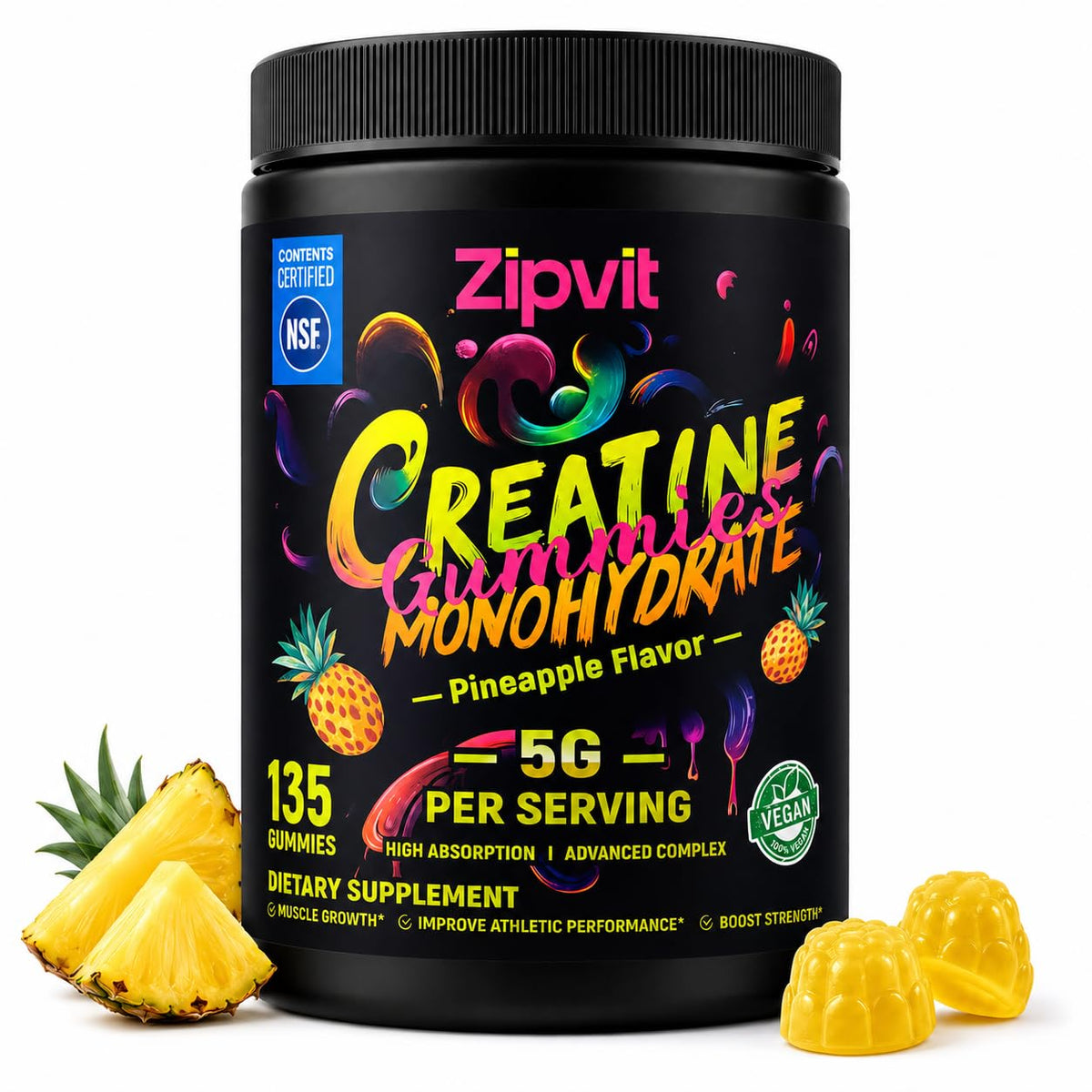 Bouteille de gummies de créatine monohydrate zipvit, saveur ananas, vue de face