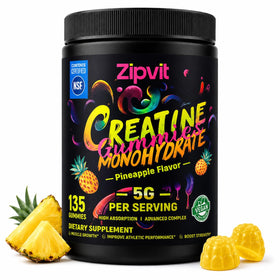 Bouteille de gummies de créatine monohydrate zipvit, saveur ananas, vue de face