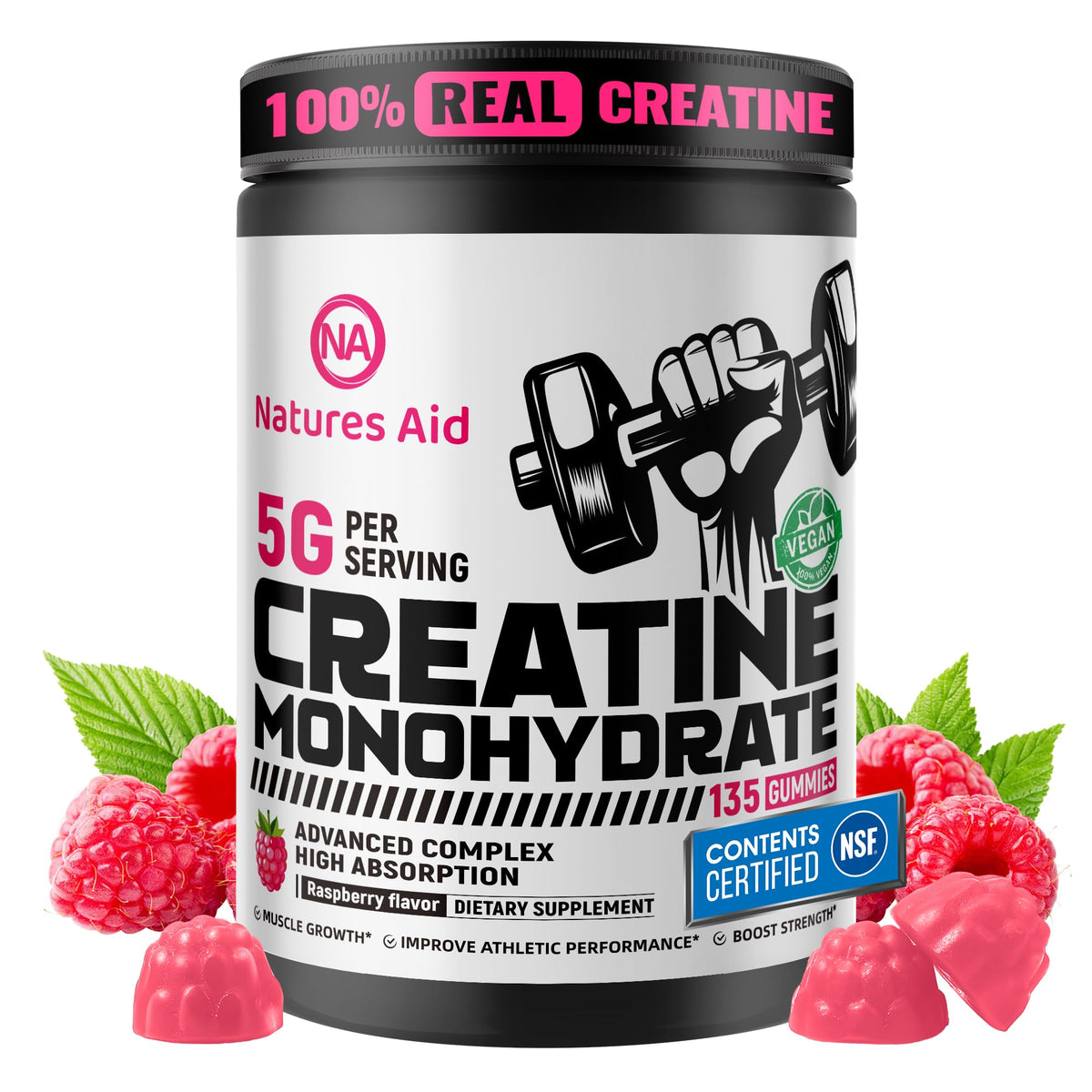 Bouteille de gummies de créatine Natures Aid avec étiquette et goût framboise