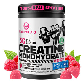 Bouteille de gummies de créatine Natures Aid avec étiquette et goût framboise
