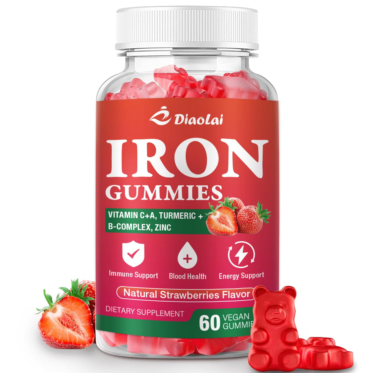 Bouteille de gummies de fer DIAOLAI 60 gummies saveur fraise