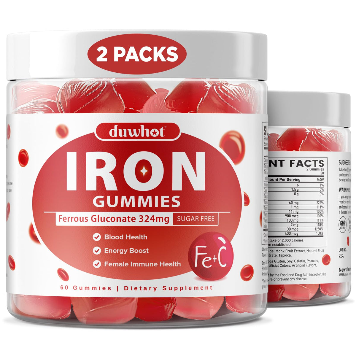 Bouteille de gummies de fer duwhot 324 mg vue de face