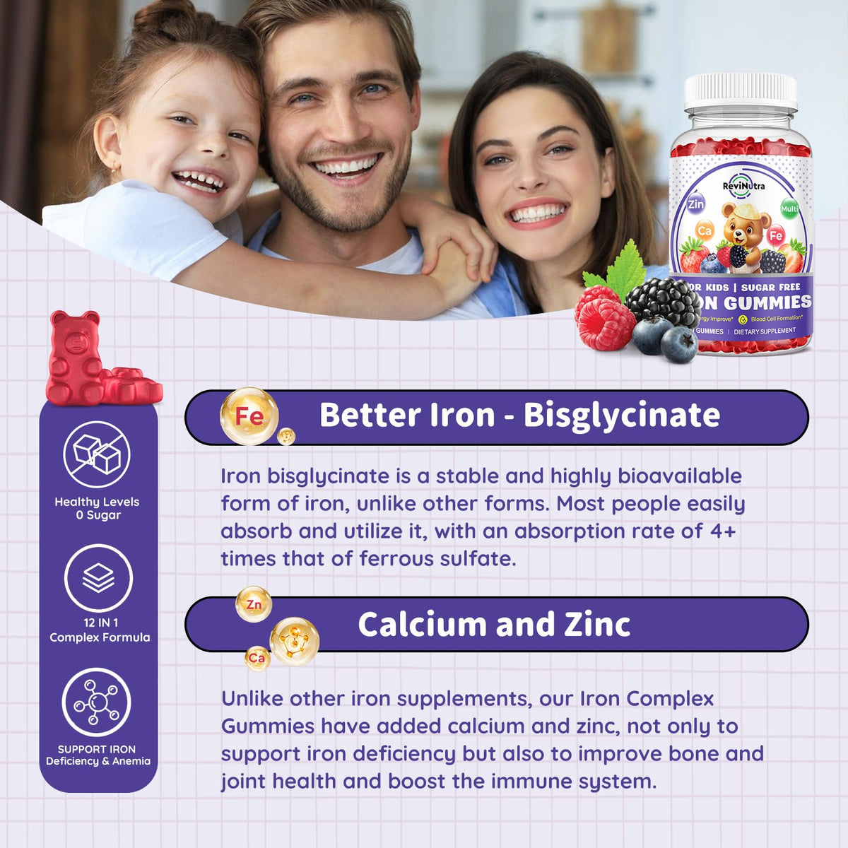 Bouteille de gummies de fer ReviNutra avec étiquette visible