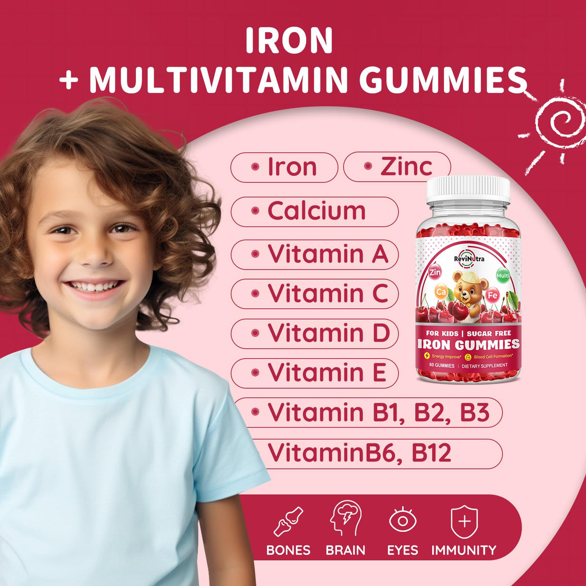 Bouteille de gummies de fer ReviNutra pour enfants, vue de côté