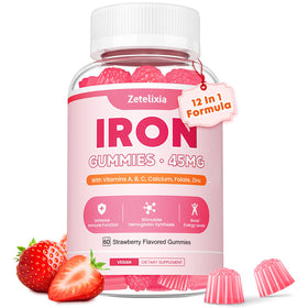Bouteille de gummies de fer vegan Zetelixia avec 60 gummies au goût de fraise