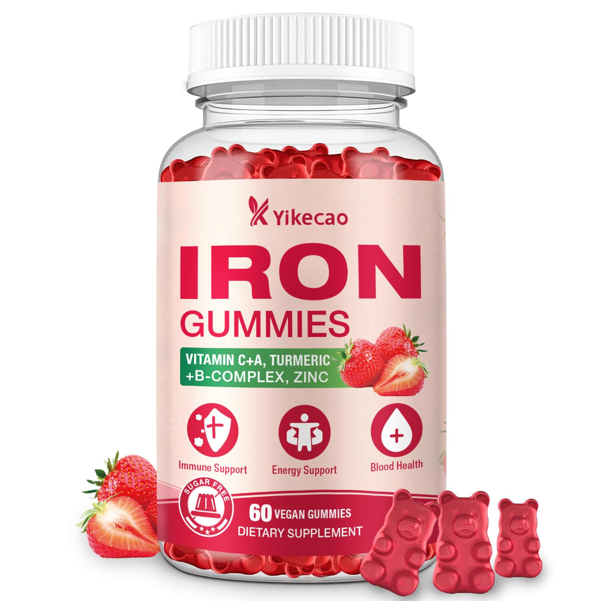 Bouteille de gummies de fer Yikecao 60 pièces vue de face