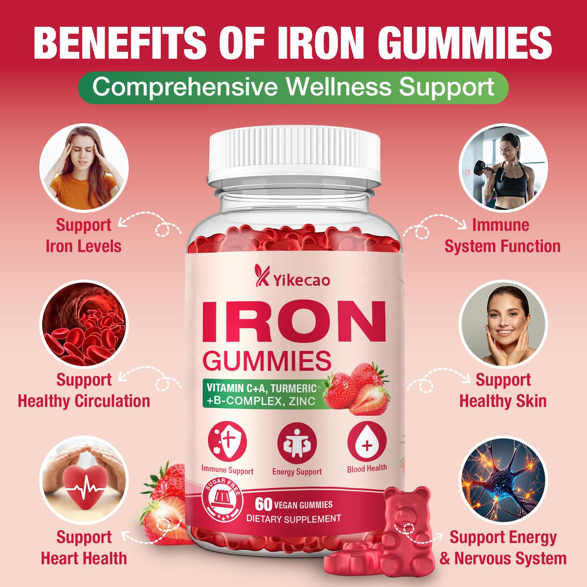 Bouteille de gummies de fer Yikecao ouverte avec gummies visibles