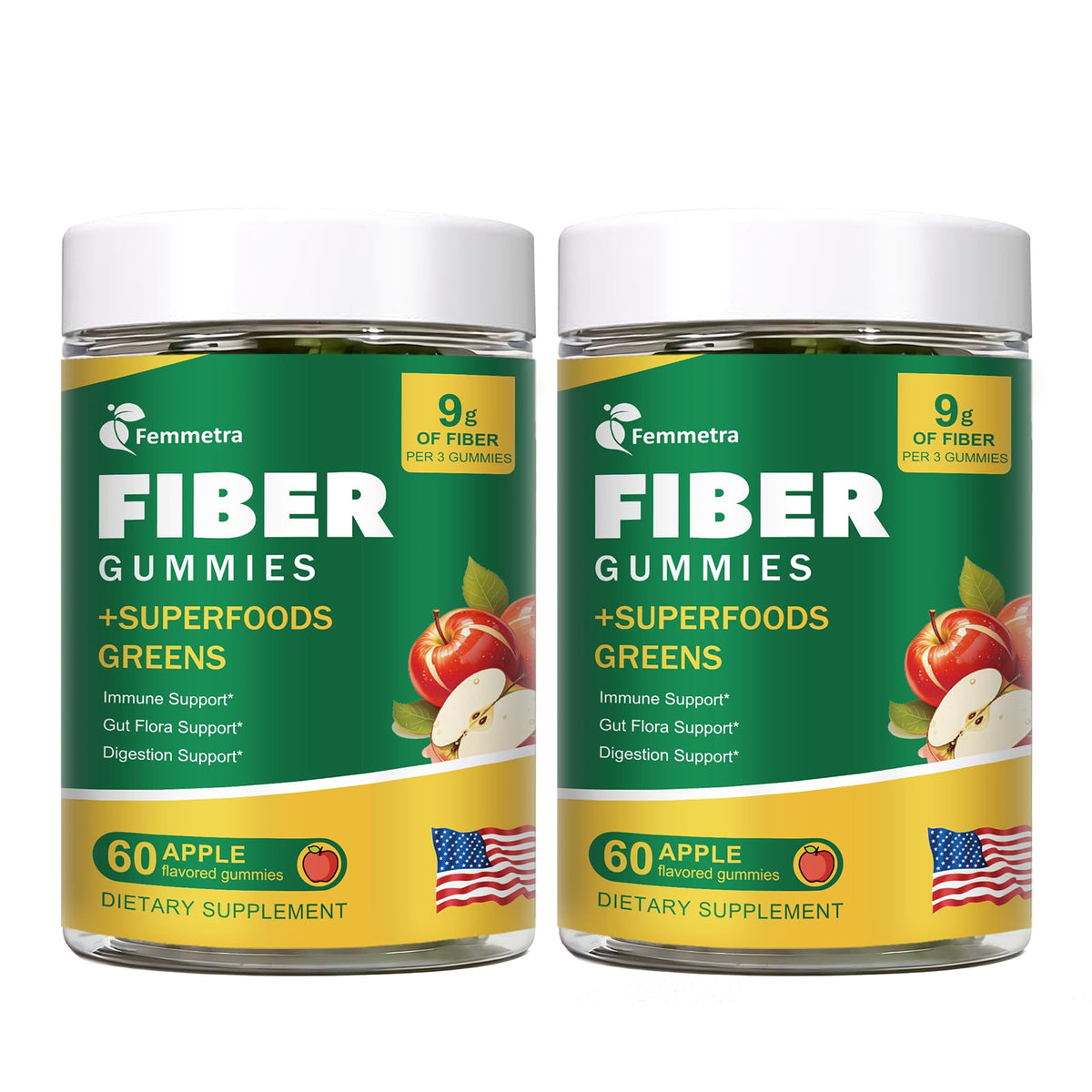 Bouteille de gummies de fibres Femmetra, 9G par portion, vue de face