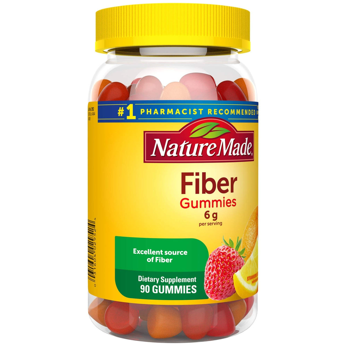 Bouteille de Gummies de Fibres Nature Made ouverte avec gummies à l'extérieur