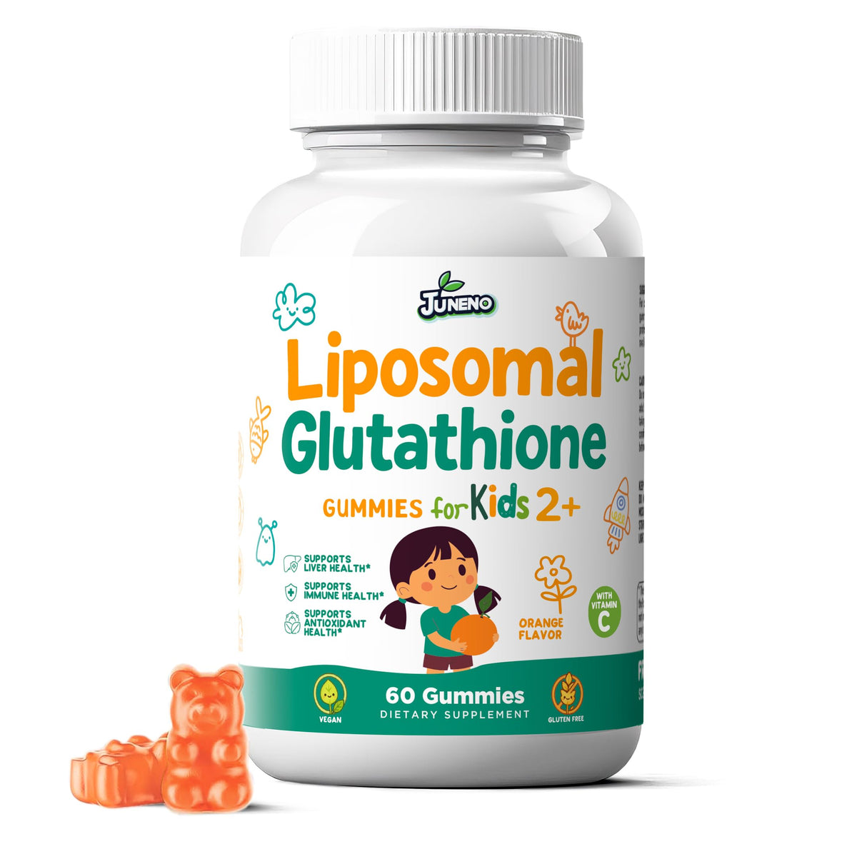 Bouteille de gummies de glutathion liposomal Juneno pour enfants, saveur orange