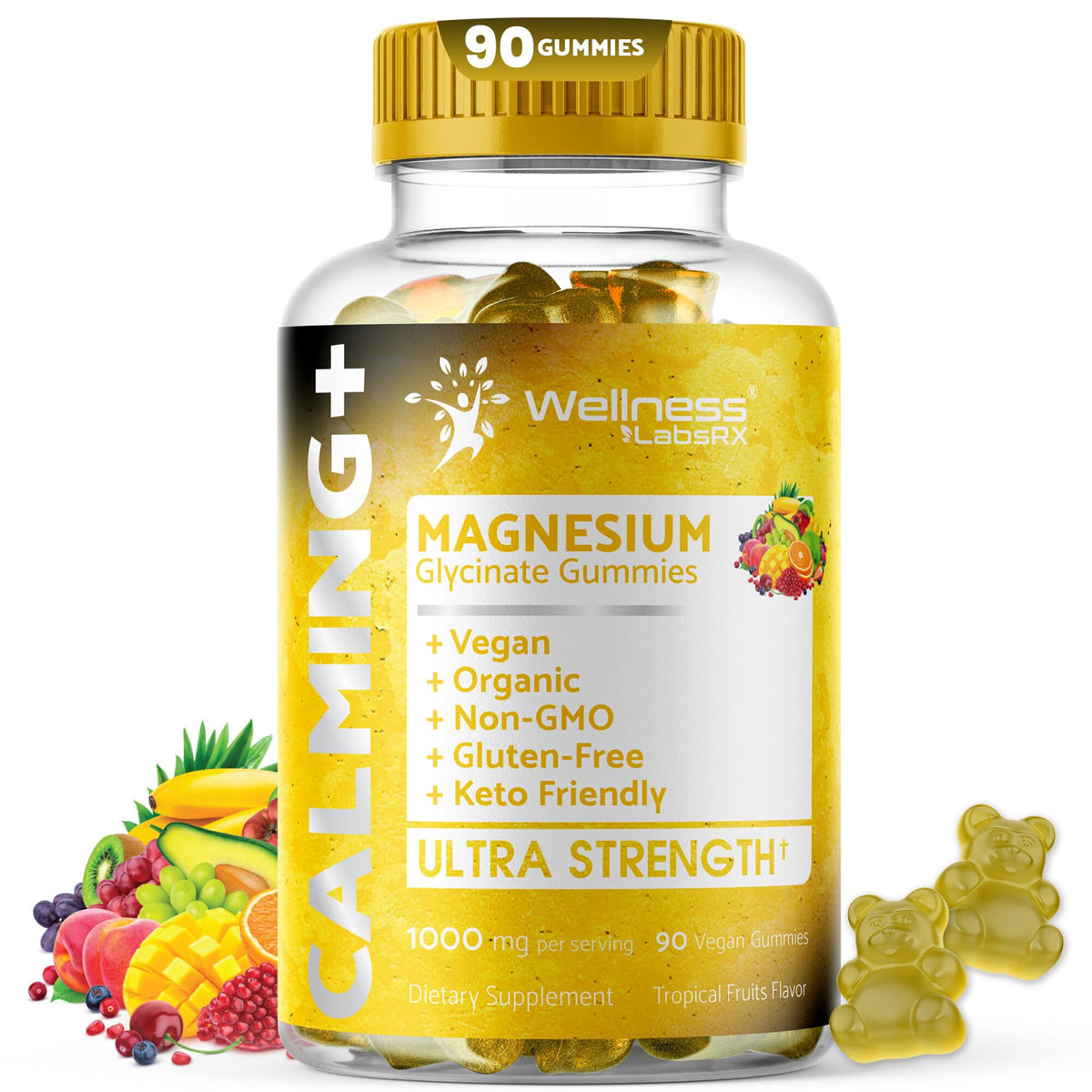 Bouteille de Gummies de Glycinate de Magnésium WELLNESS LABSRX 1000mg, vue de face