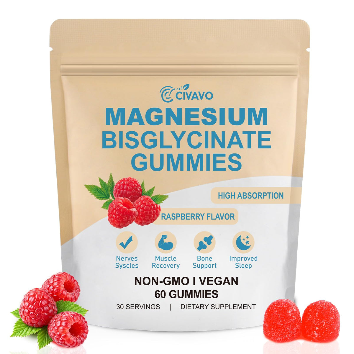 Bouteille de gummies de magnésium bisglycinate Civavo 400mg, 60 gummies