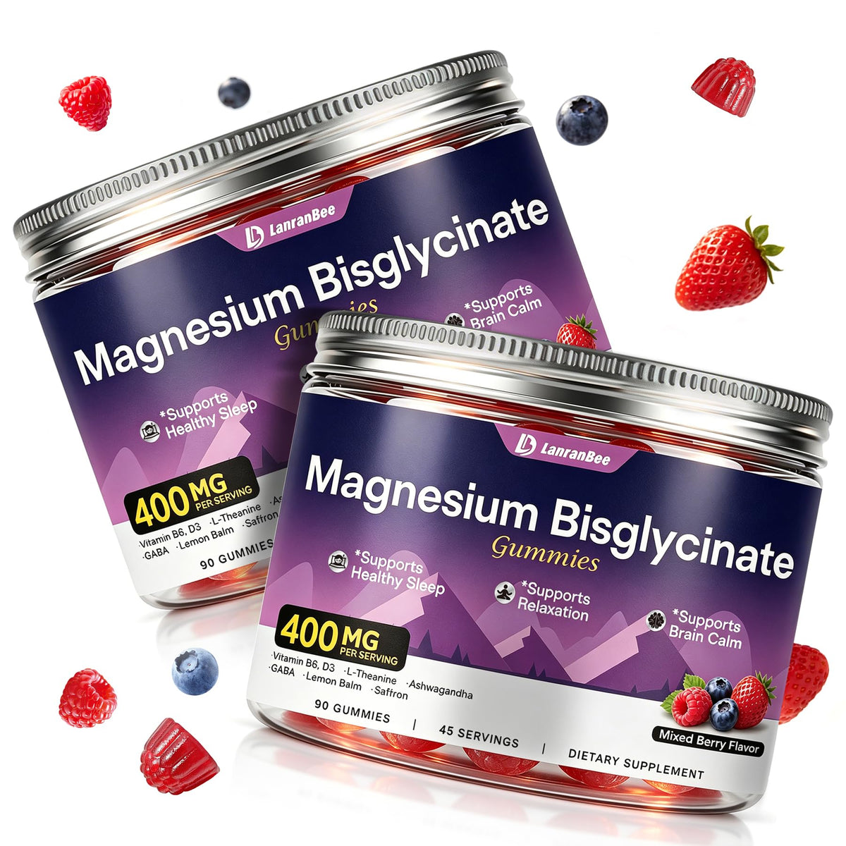Bouteille de gummies de magnésium bisglycinate LanranBee avec 180 gummies au goût de fruits rouges