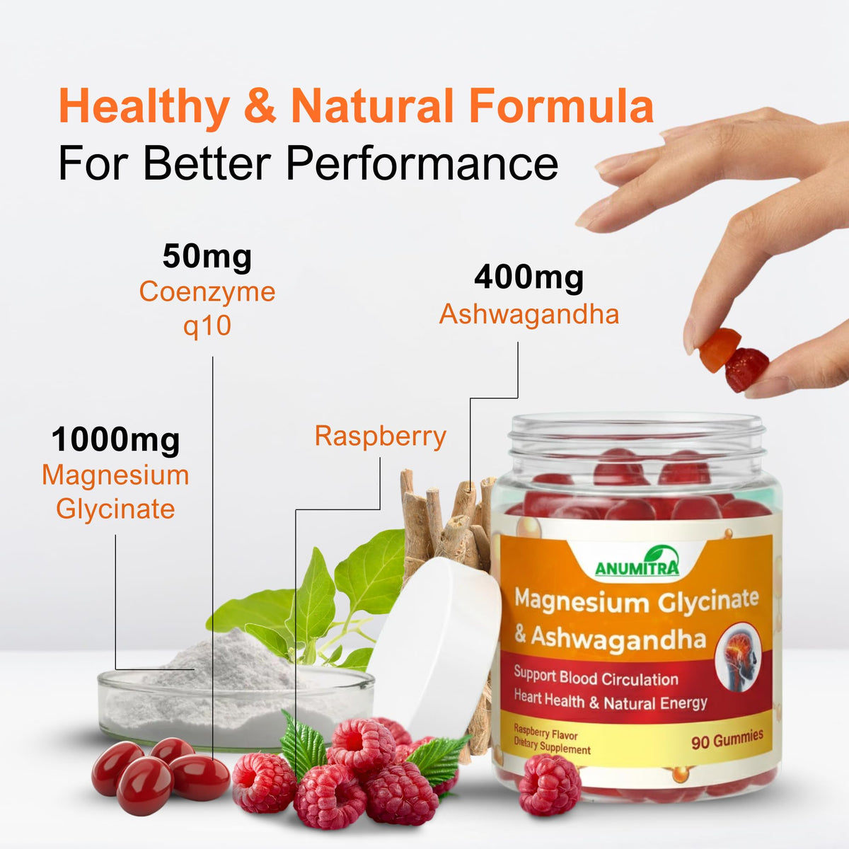 Bouteille de gummies de Magnésium Glycinate 1000mg ANUMITRA avec étiquette