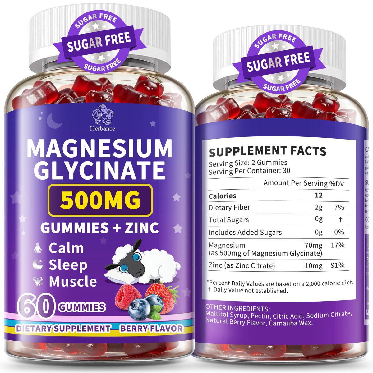 Bouteille de gummies de magnésium glycinate 500mg avec zinc Herbance vue de face