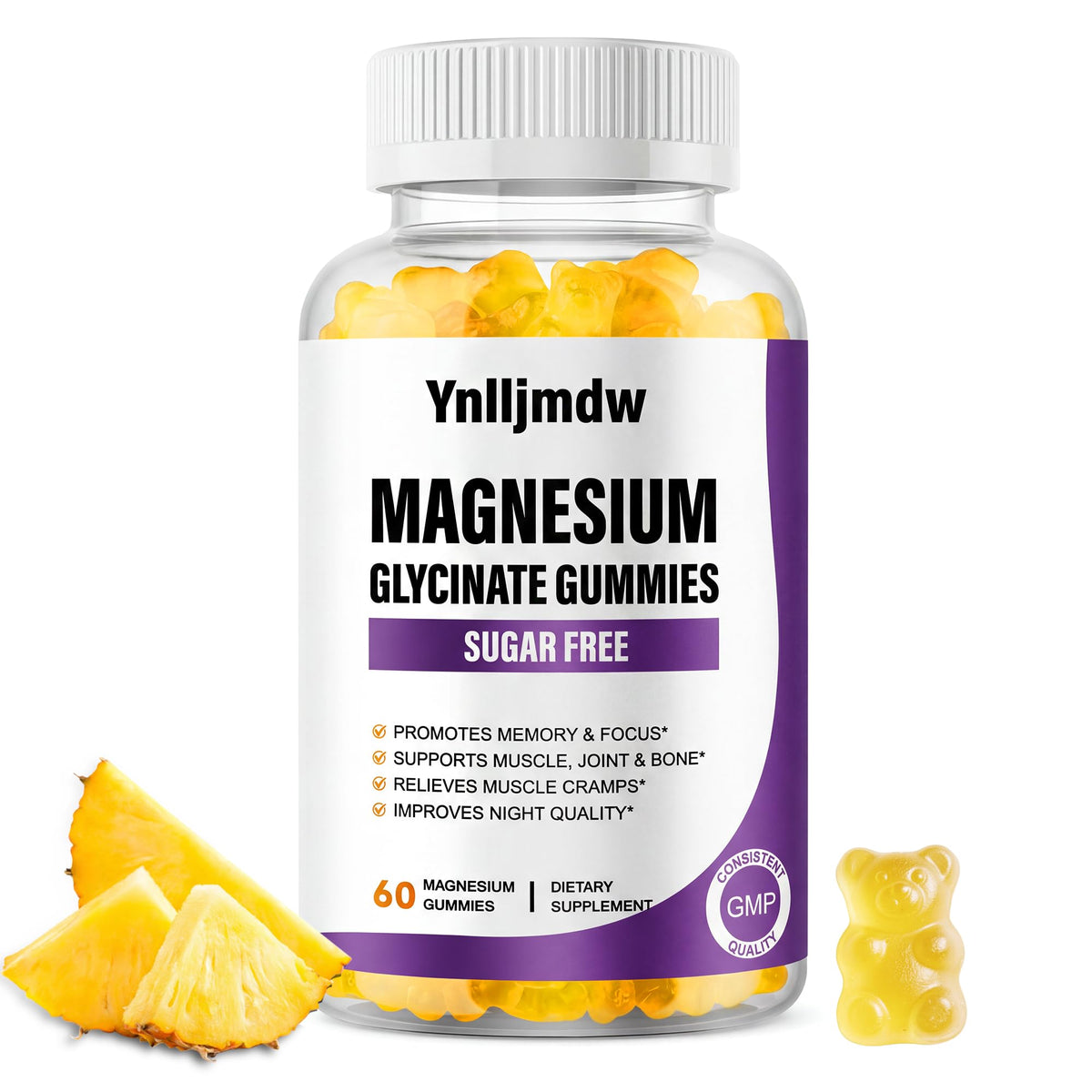 Bouteille de gummies de magnésium glycinate 500mg de Ynlljmdw, vue de face