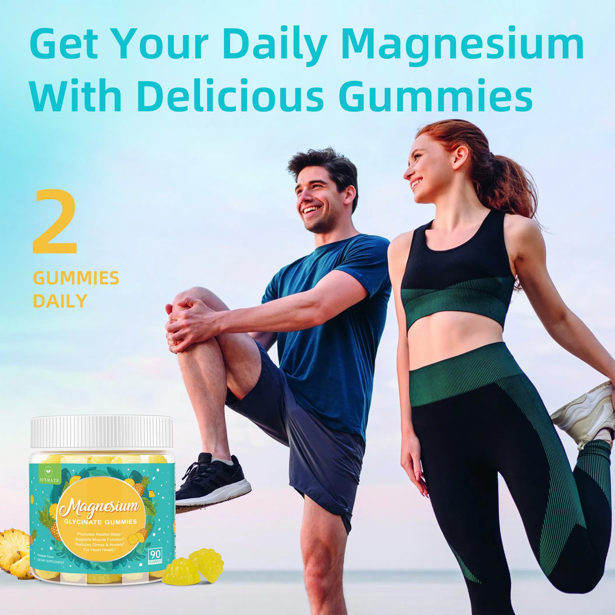 Bouteille de gummies de magnésium glycinate AFXMATE sur fond blanc