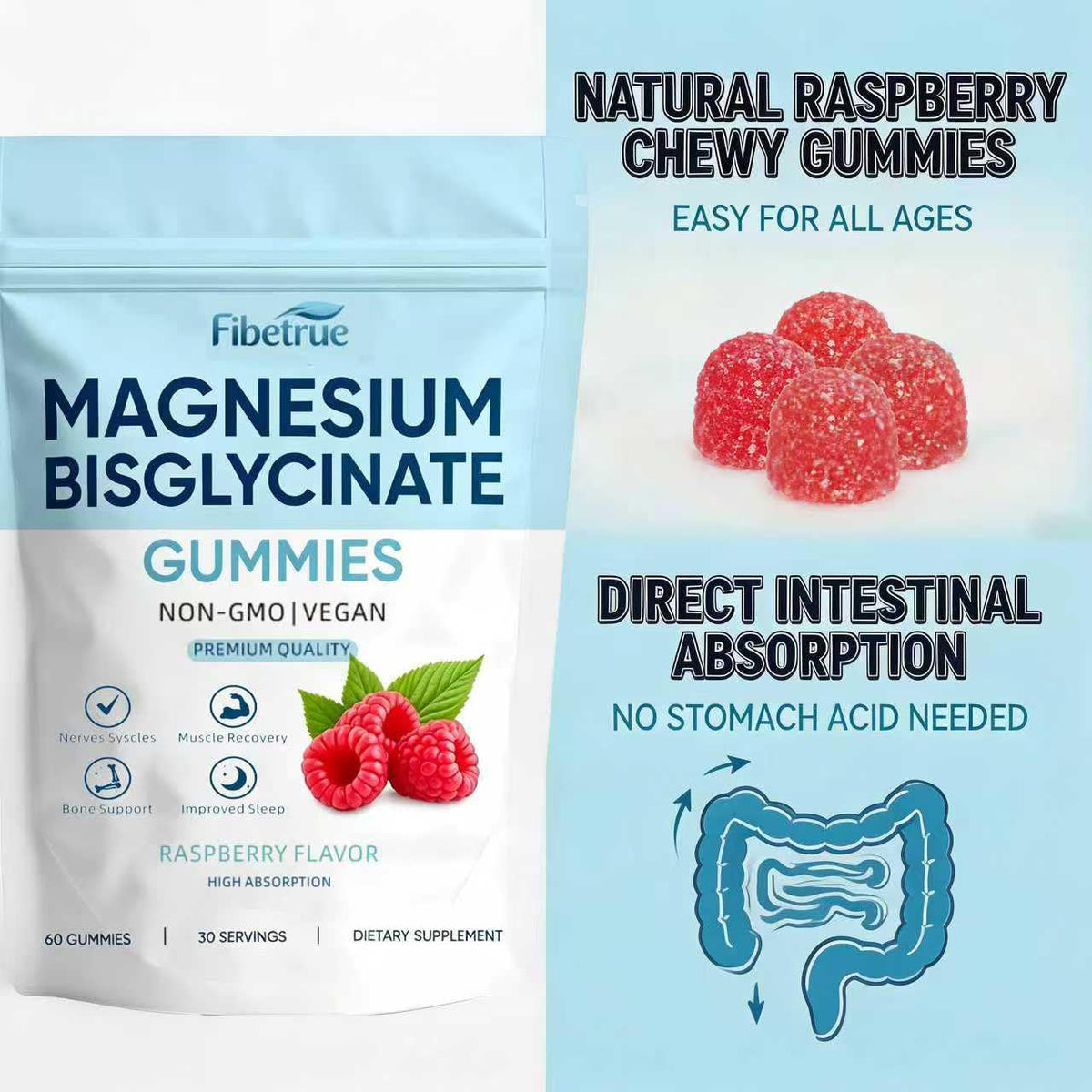 Bouteille de Gummies de Magnésium Glycinate Fibetrue 400mg avec étiquette