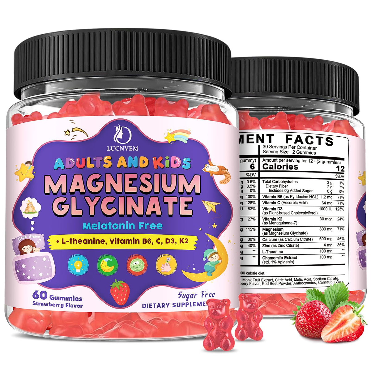 Bouteille de gummies de magnésium glycinate LUCNVEM 150 mg saveur fraise