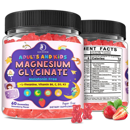 Bouteille de gummies de magnésium glycinate LUCNVEM 150 mg saveur fraise