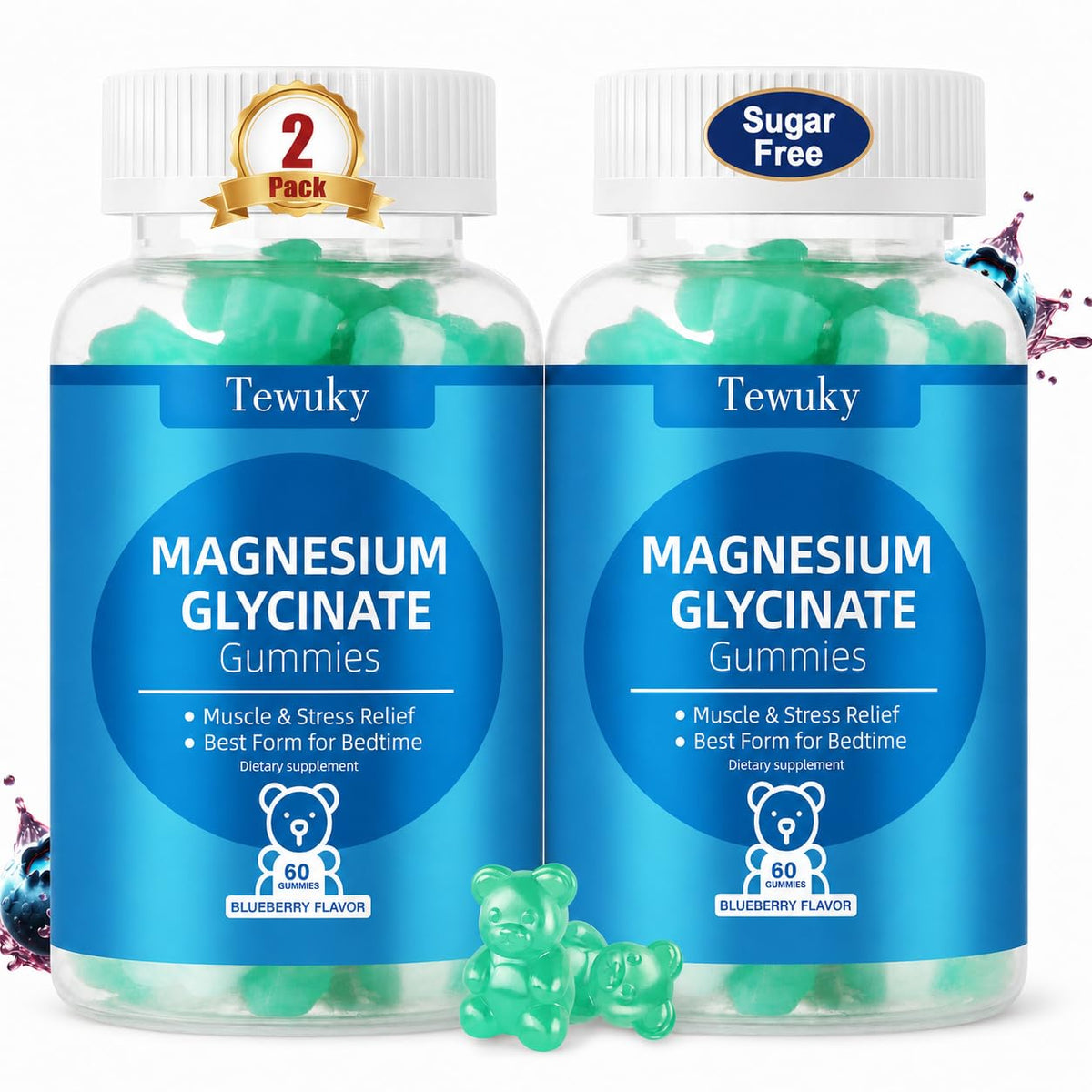 Bouteille de gummies de magnésium glycinate Tewuky vue de face