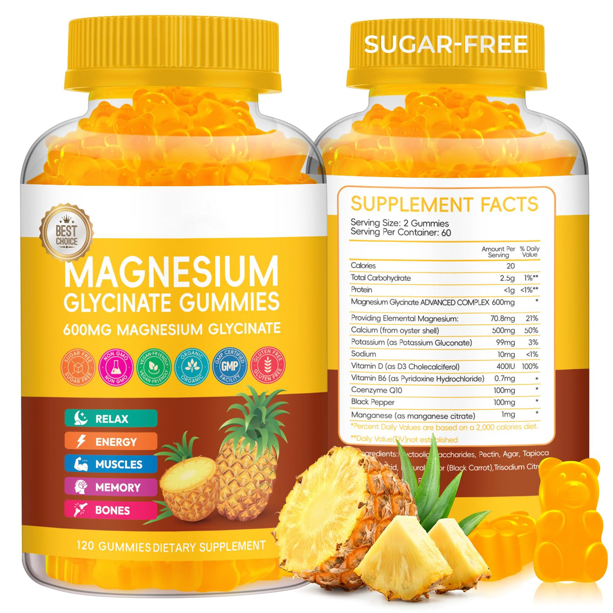 Bouteille de gummies de magnésium glycinate Xytora 600mg saveur ananas