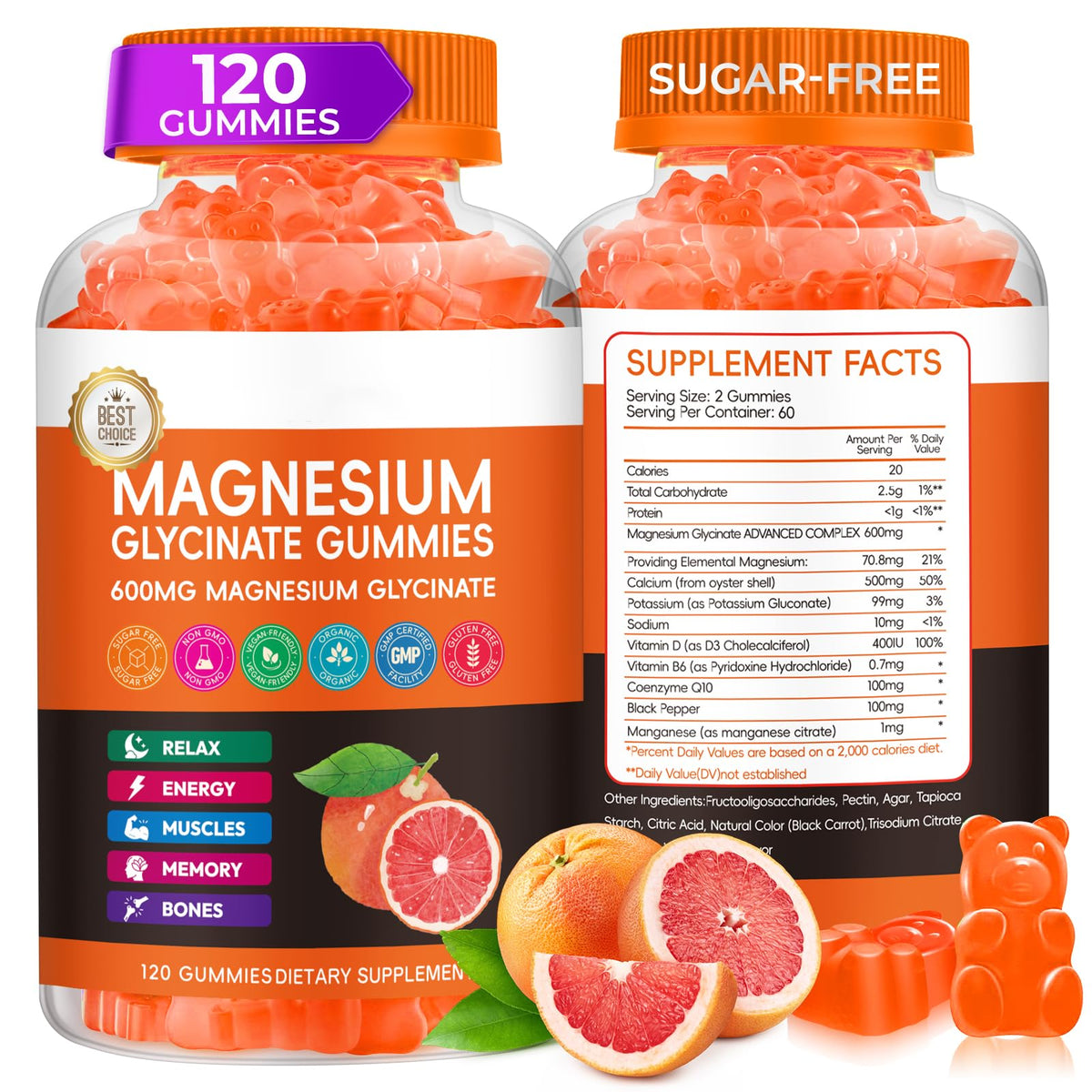 Bouteille de gummies de magnésium glycinate Xytora, saveur pamplemousse, 120 gummies