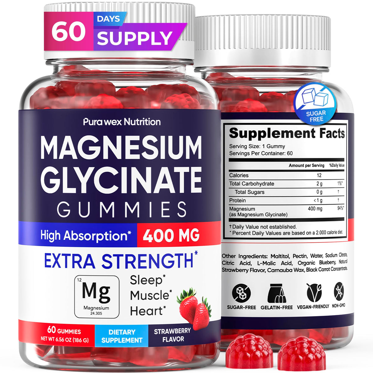 Bouteille de gummies de magnésium glycinates 400mg goût fraise