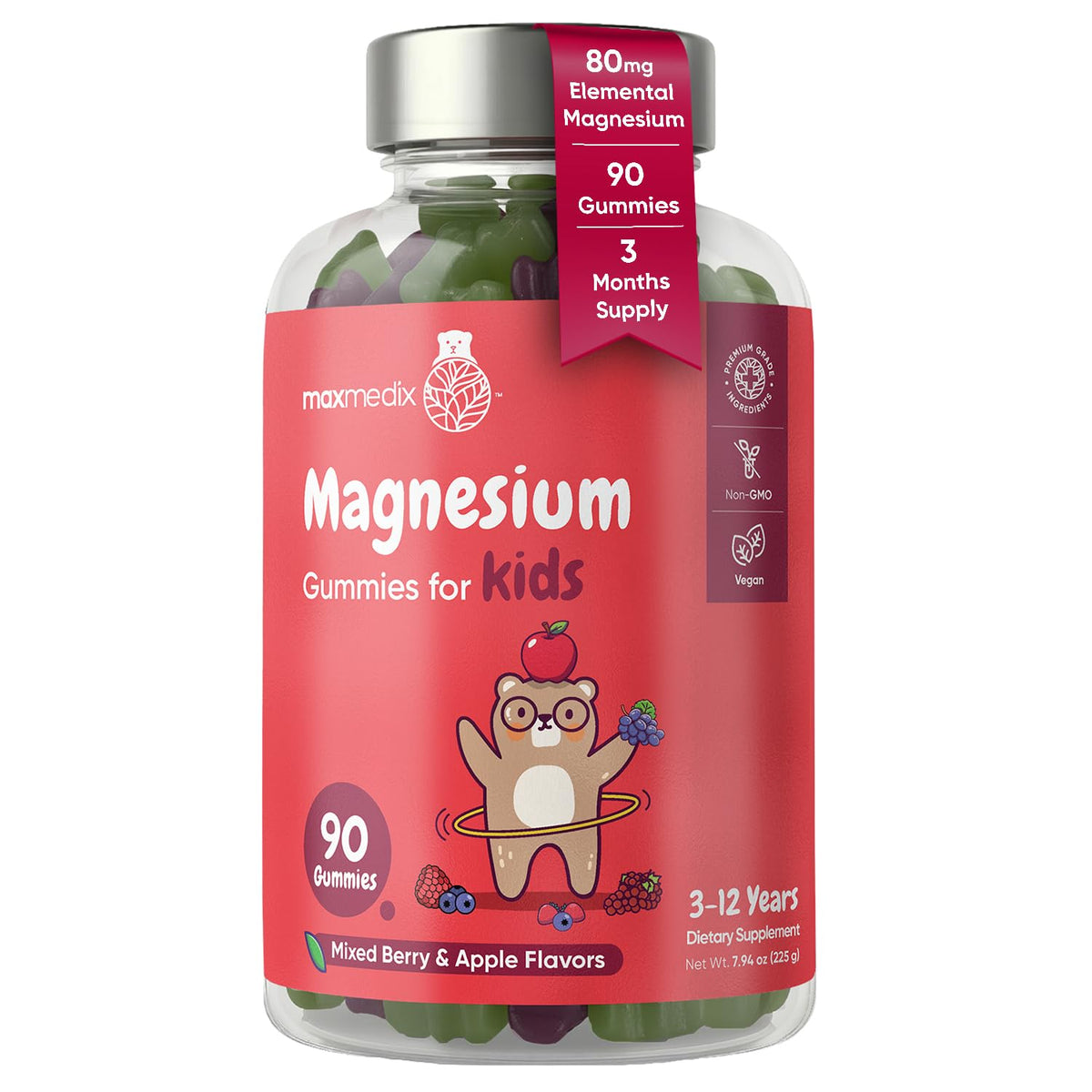 Bouteille de gummies de magnésium maxmedix pour enfants, 90 gummies