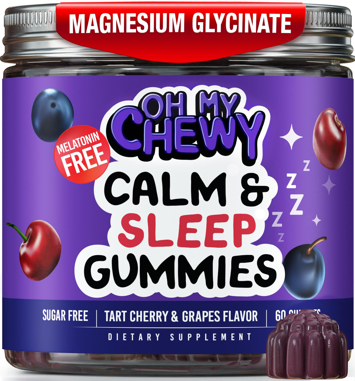 Bouteille de gummies de magnésium OH MY CHEWY 60 unités saveur cerise et raisin