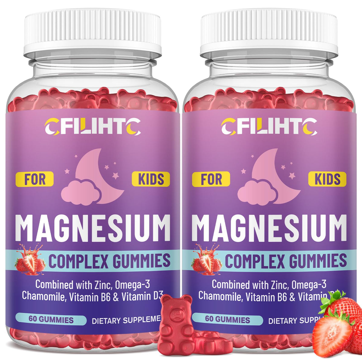 Bouteille de gummies de magnésium pour enfants CFILIHTC avec 60 gummies fraise