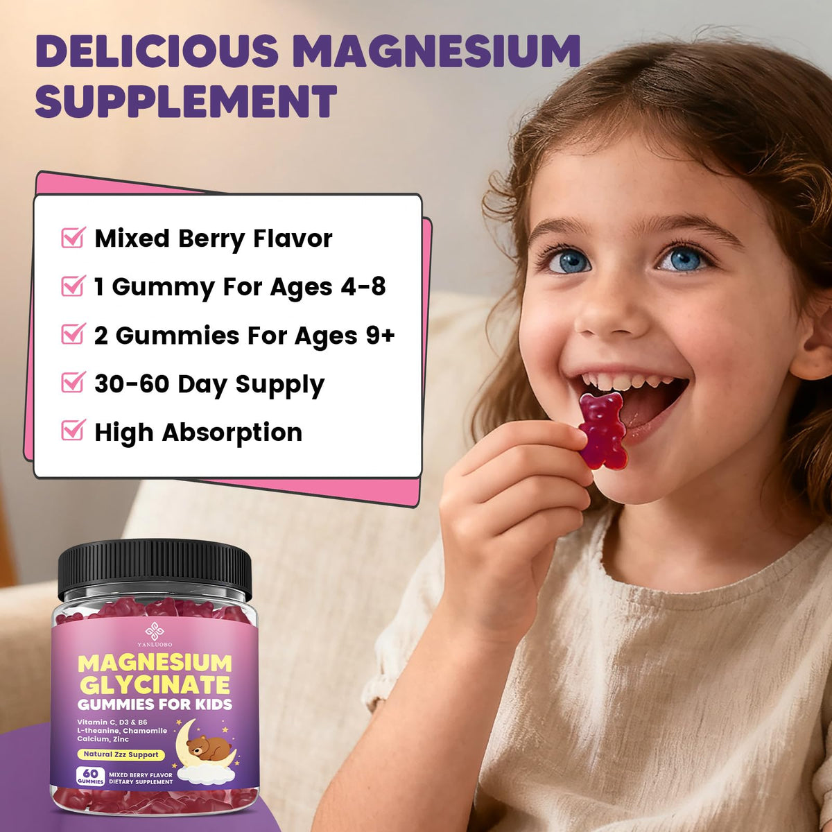 Bouteille de gummies de magnésium YANLUOBO ouverte montrant les gummies