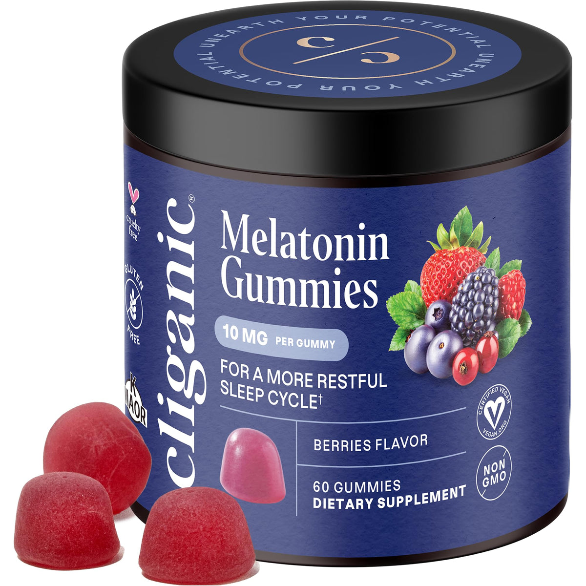 Bouteille de gummies de mélatonine Cliganic 10 mg, vue de face