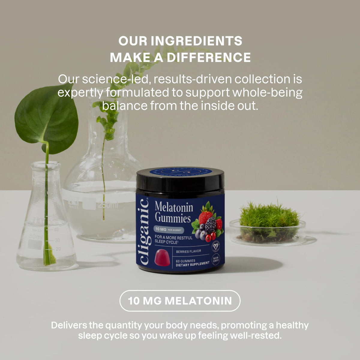 Bouteille de gummies de mélatonine Cliganic avec étiquette visible