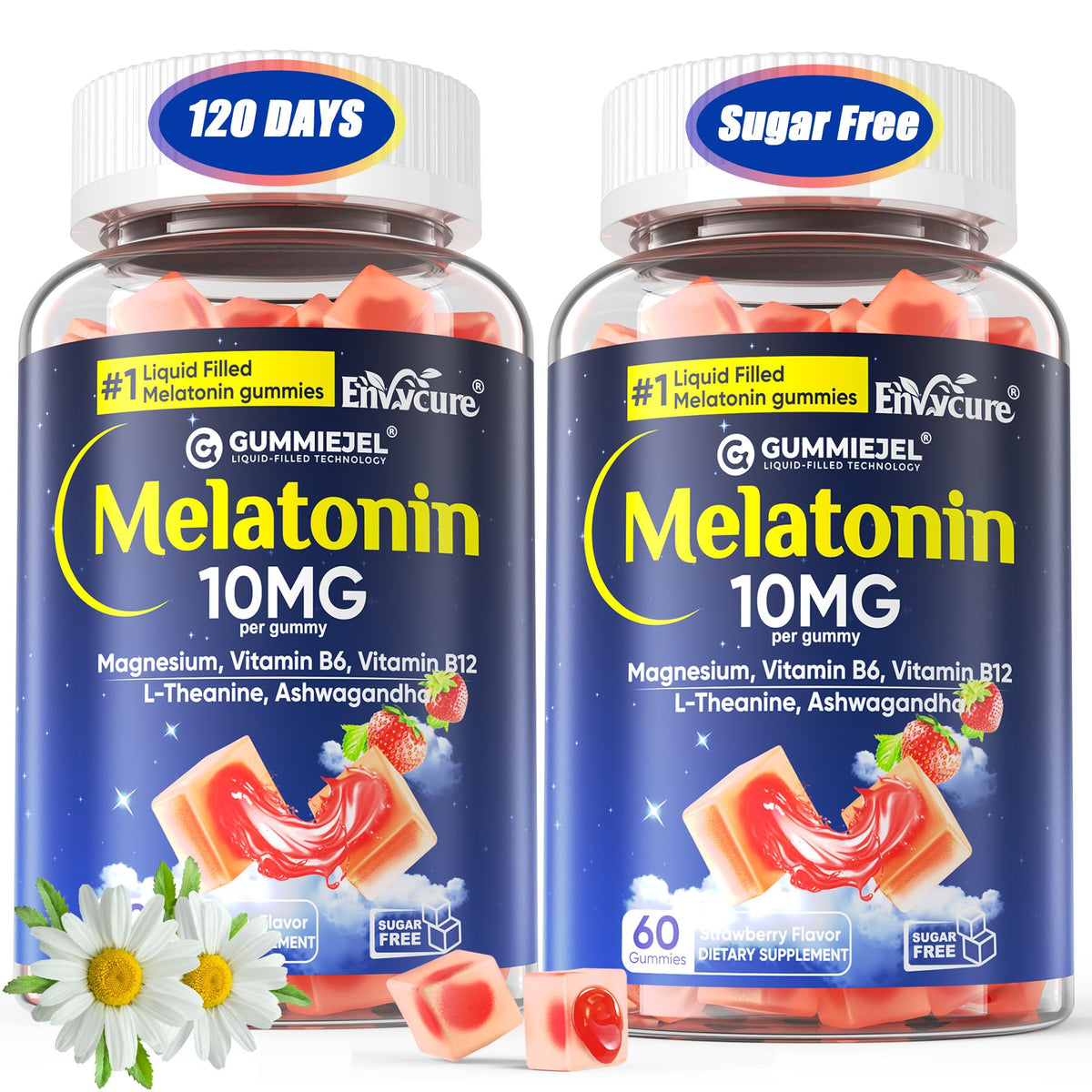 Bouteille de gummies de mélatonine EnvyCure 10mg 20mg vue de face