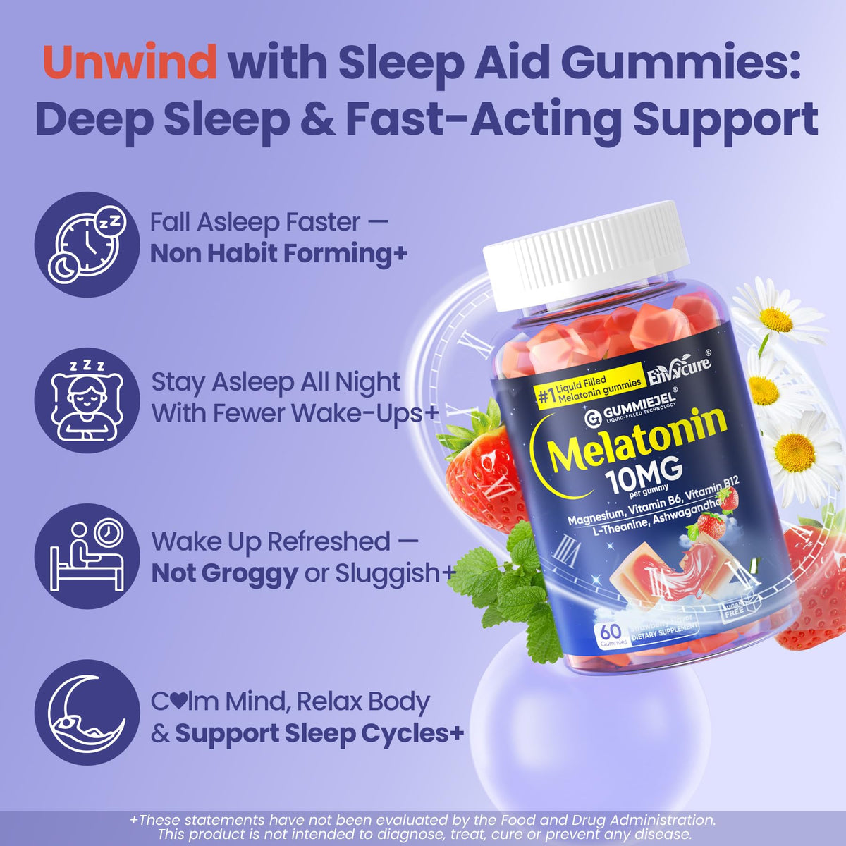 Bouteille de gummies de mélatonine EnvyCure sur une table en bois