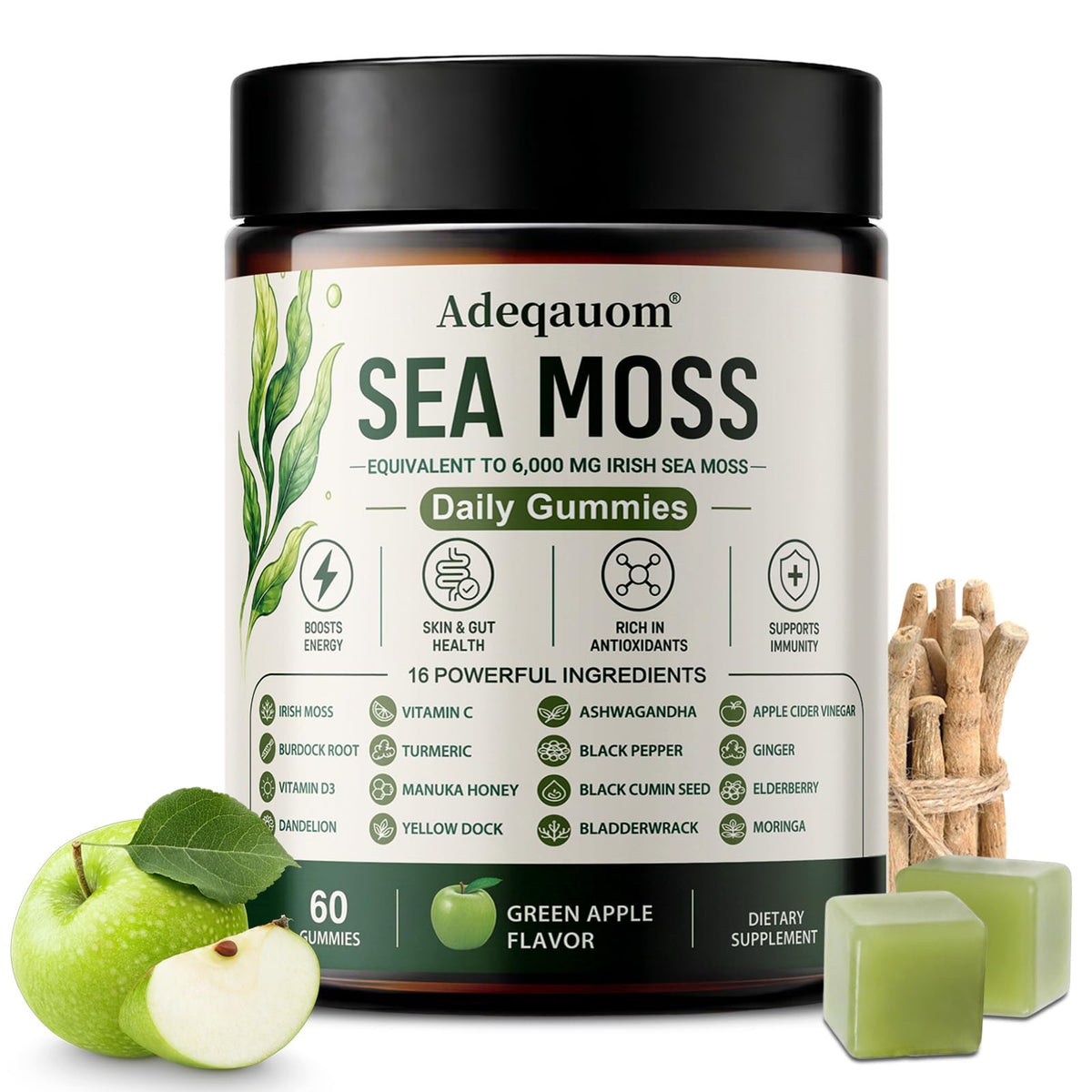 Bouteille de gummies de mousse de mer Adeqauom 60 gummies vue de face